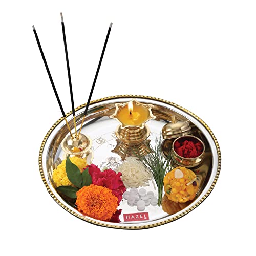 Image of HAZEL Stainless Steel Puja Pooja Aarti Thali Set | 22 cm with 1 Pc Diva | Agarbatti Incense Holder and Kumkum Wati