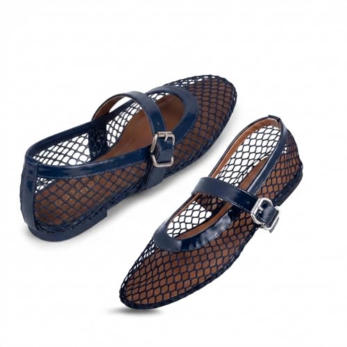 Image of EMMA NEW YORK Mesh Ballet Flats for Women, Mary Jane Mesh Ballet Flats Shoes for Women with Buckle Strap