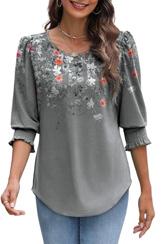 Image of XIEERDUO Blouses for Women Dressy Casual 3 /4 Length Sleeve Womens Tops with Smocked Cuffs