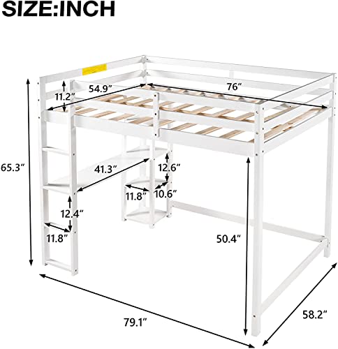 Dnyn Full Size Loft Bed With Desk & Shelves & Ladder For Kids/Adults,Wooden Bedframe,High Loftbed With Safety Guardrails,No Box Spring Needed,79.3"×58.5"×65.4", White #TOP1