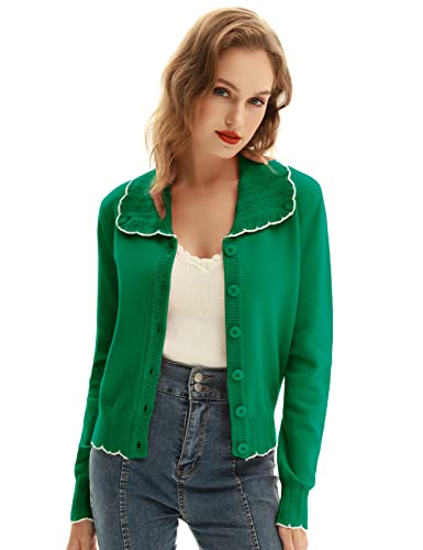 Ladies Elegant Cardigan Sweater Green Cardigan Sweater 1950S Retro Knit Tops Hollowed-Out Collar Cardigan (Green, M) #TOP3