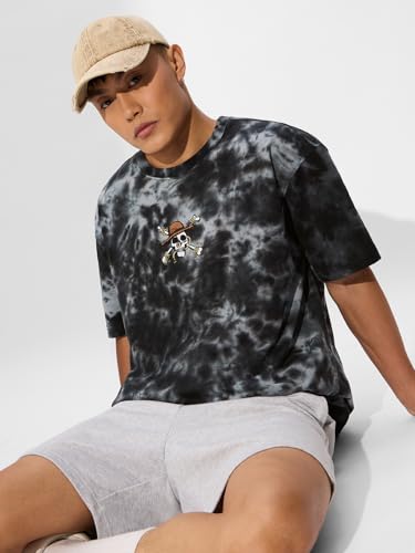 Image of The Souled Store One Piece: Pirates Men and Boys Short Sleeves Round Neck Grey Tie Dye Cotton Oversized T-Shirts
