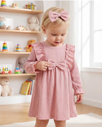 FishingDino Baby Kleid Mädchen Frühlingskleid Set Gr. 62-92, Langarm Schmetterling Baby Kleidung Mädchen mit Stirnband, Weiche Babykleidung Süßes Babykleider Set, Rosa 74