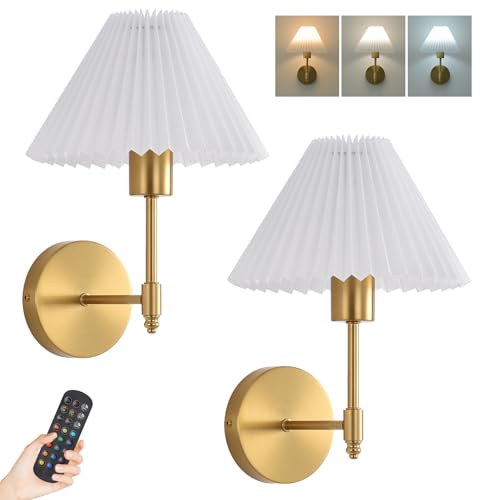 Image of Battery Operated Wall Sconces Set of 2, Gold Rechargeable Wall Lights with Remote, Dimmable Wall Lamp with Pleated Shade,15 Colors Wireless Bathroom Wall Sconce for Bedroom Living Room Hallway