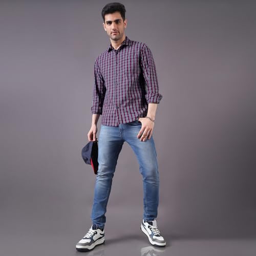 Image of Urban Scottish Men's Regular Fit Cotton Checked Shirt, Long Sleeve Button Down Collared Soft Breathable Fabric, Classic Everyday Wear Casual Shirt for Mens - Navy