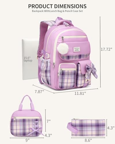 Image of Backpack for School Girls, 3Pcs Kids Cute Bookbag with Lunch Box Pencil Pouch, Student Pack Fits 15.6 Inch Laptop for Teens bag for Kindergarten Elementary Preschool Middle School, Purple Tartan