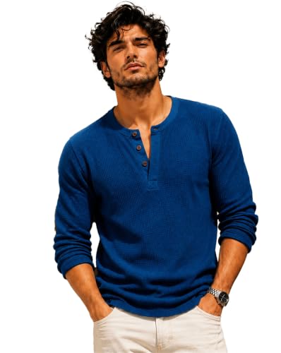Image of AUSK Men's Waffle Knit Henley T-Shirt | Cotton Blend Full Sleeve Textured Casual T Shirt | Regular Fit Button Placket Round Neck Tshirt for Men