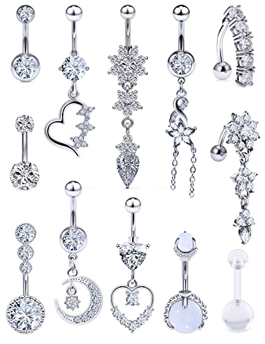 Vsnnsns 14G Belly Button Rings Belly Rings for Women Stainless Steel CZ Skull Belly Button Piercing Jewelry Belly Bars Curved Navel Ring Barbell Body Jewelry Piercing for Women Men Silver 12Pcs
