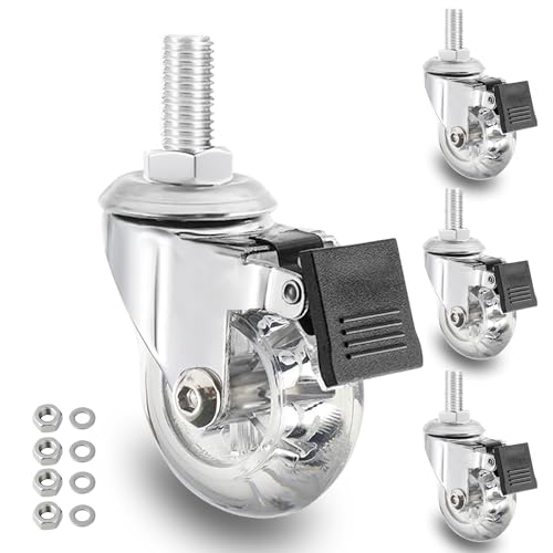 2 inch Stem Caster Wheels,M8X25 Threaded Stem Castors Wheels, 360 Degree Rotated Crystal Clear Wheels with Brake,Soft Polyurethane Furniture Wheels for Carts