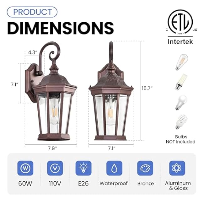 Outdoor Wall Lantern, Exterior Waterproof Outdoor Wall Light Fixtures, Brown Aluminum Porch Sconces with E26 Sockets & Clear Glass