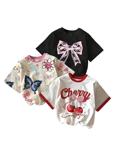 Girl's 3 Packs Cute Cherry Bowknot Graphic Tees Short Sleeve Crew Neck Summer Kawaii Tops