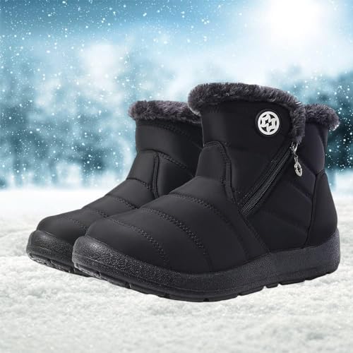 Image of Eagsouni Snow Boots Womens Winter Ankle Boots Ladies Warm Fur Lined Booties Thickening Shoes Zip Flat Sneakers Outdoor Booties