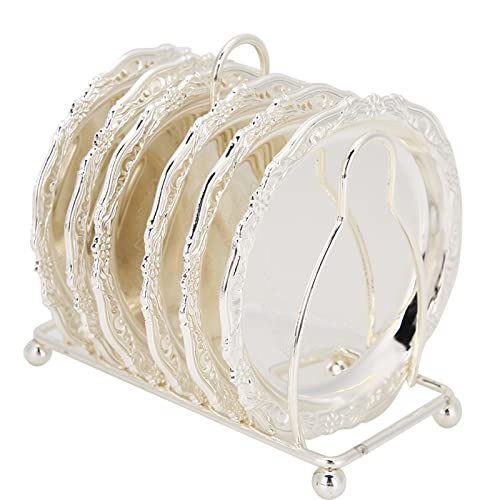 6 Pezzi Sottobicchiere con Supporto, 10cm Sottobicchieri in Metallo Stile Europeo Vintage per Bevande al Caffè, Protezione da Tavolo, Decorazione per Cucina e Sala da Pranzo(Argento)