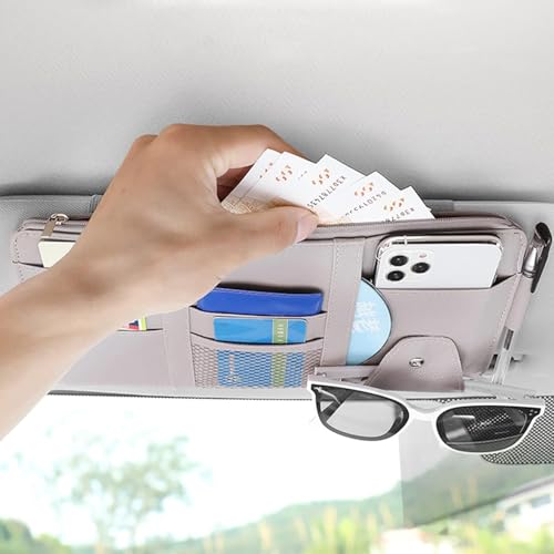 Image of Car Accessories Car Sun Visor Organizer, Sunglass Pen Card Small Document Storage Pouch Holder, PU Leather, Multi-Pocket with Zipper Net (Grey)
