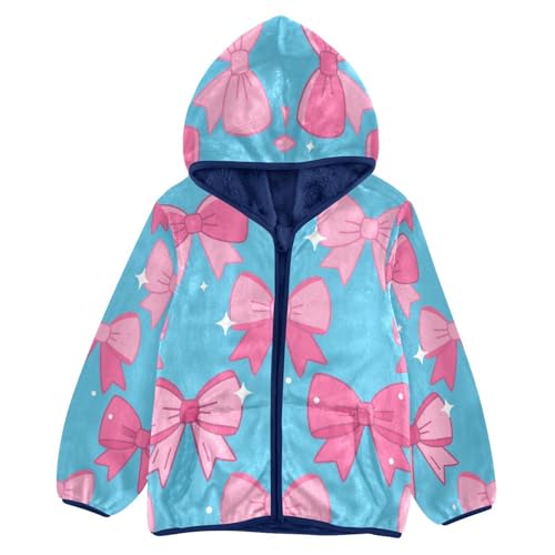 Pink Bows on Blue Background Toddler Fleece Jacket Girl Boys Hooded Fleece Jacket Coat Warm Outwear Zip-up 3-10T