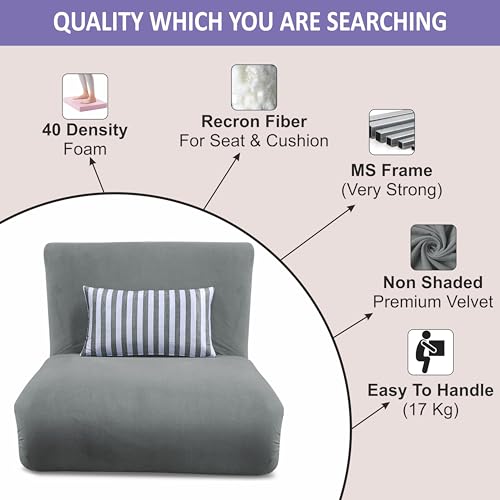 Image of Adorn India Easy Multi Mode 1 Seater Sofa Cum Bed | Velvet Fabric | Grey | Stripes Design | Comfortable Seating | Washable Cover | Perfect for Home & Office