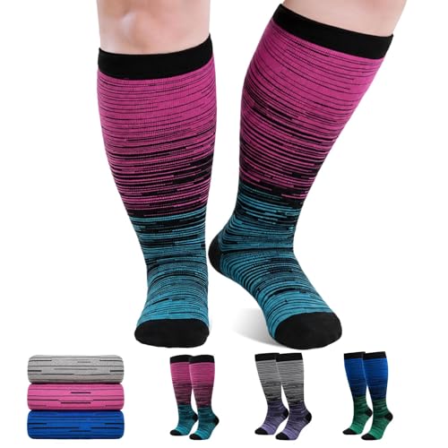 Image of Plus Size Compression Socks 20-30mmHg Wide Calf for Men Women, Extra Large Compression Stockings Support for Running, Travel, Nurses, Pregnancy (3 Pairs)