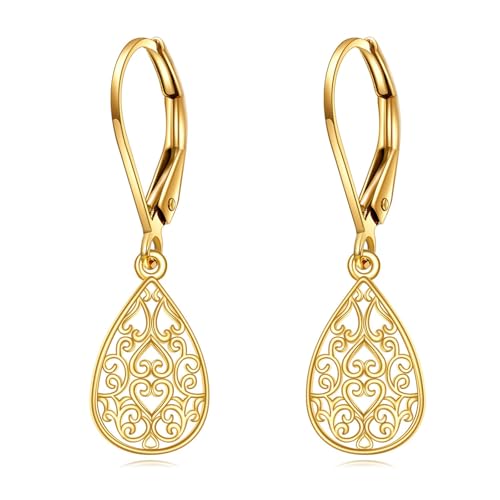 14K Solid Yellow Gold Filigree Dangle Earrings for Women Real Gold Teardrop Leverback Earrings Birthday Jewelry Birthday Gifts for Wife Mom