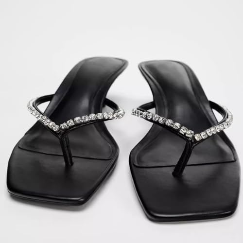 SAFECAMS Rhinestone Kitten Heels for Women Bow Thong Sandals Square Open Toe Flip Flops Heels Summer Miami Heeled Sandals Slippers +Memory Foam3