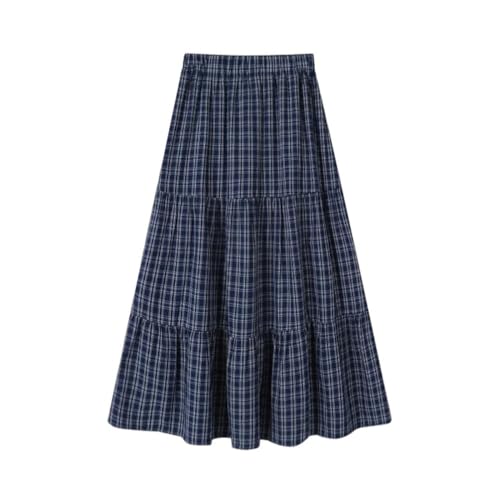 Women Spliced Plaid Skirt Vintage Loose Elastic Waist A Line Folds Fashion Long Skirts