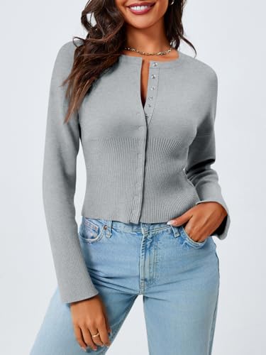 Image of Saodimallsu Womens Cropped Sweaters Cardigan | Button Down,Long Sleeve,V Neck,Ribbed Knit,Slim Fit ,Pullover Crop Tops