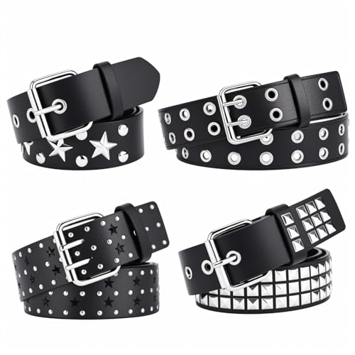 4 Pieces Studded Belt Set,Black Faux Leather Gothic Goth Belt for Women Men,Punk Rivet Belts with Star,Stud,Spiked,Double Grommet