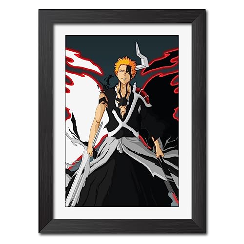 Image of TenorArts Ichigo Photo Frame Bleach Anime Laminated Poster Framed Painting with Matt Finish Black Textures (12inches x 9inches)