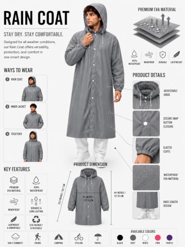 Image of Hooded Waterproof Men's & Women's Raincoat, Lightweight Long Rain Jacket, Button Front, Windproof Outdoor Rainwear | Free Size | (2, GREY)