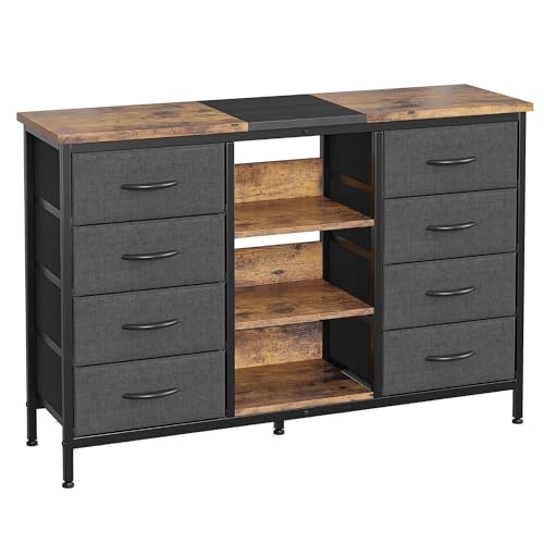 COTUBLR Dresser for Bedroom, Chest of Drawers, 8 Drawer Dresser, Closet Fabric Dresser with Metal Frame, Rustic Brown and Black