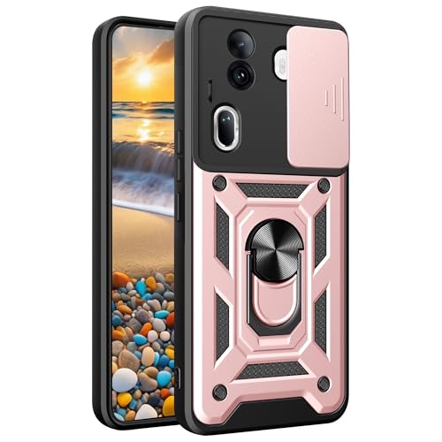 CSmall for Oppo Reno 11 Pro Case with Slide Camera Lens Cover, Military Grade Shockproof Protection Cover with Rotate Ring Kickstand Case for Reno 11 Pro SJ Rose Gold