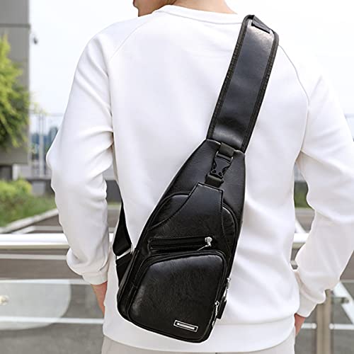 XingChen Men's Leather Sling Bag Chest Crossbody Shoulder Bag with USB Charging Port2