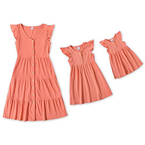 IFFEI Madre e Hija Vestidos Mangas con Volantes Vestido de Verano Familia Trajes a Juego, Coral, 2 años