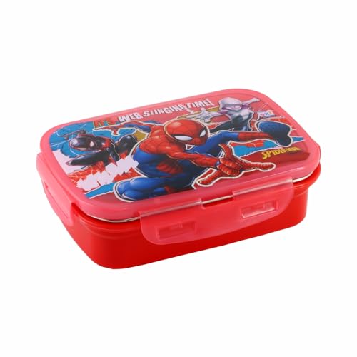 Image of SKi Homeware SnapLock Lunch Box for Kids with Stainless Steel Removable Inner Container +125ml dabbi + Spoon | Leak Resistant | Genuine Character Merchandise | Perfect for Birthday Gifts - Spiderman
