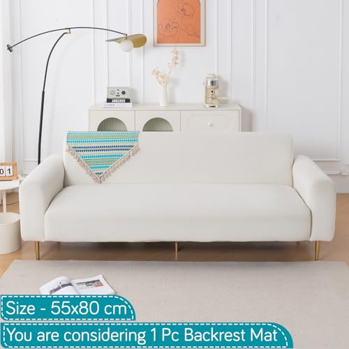 Image of HOKIPO 'Artisan Boho Series' Sofa Backrest Cover with Tassel | 450 GSM Thick Cotton Acrylic Jacquard Fabric Backrest Mat, Size 55x80 cm, Aqua Blue (IN-900-A4)