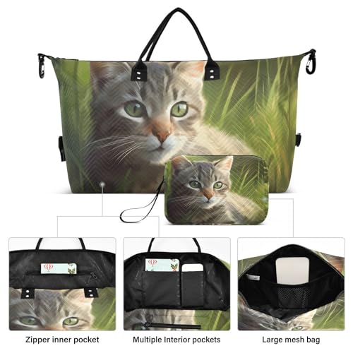 Large Travel Duffel Bag, Kitten Grass Sports Tote Gym Bag, Shoulder Weekender Overnight Bag for Women Men, Carry On Luggage with Toiletry Bags2