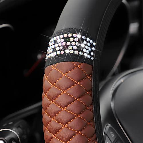 Bling Soft Leather Steering Wheel Cover, 15 Inch Colorful Rhinestones Auto Elastic Steering Wheel Protector, Sparkly Crystal Diamond For Women Girls, Car Interior Accessories (Brown) #TOP2
