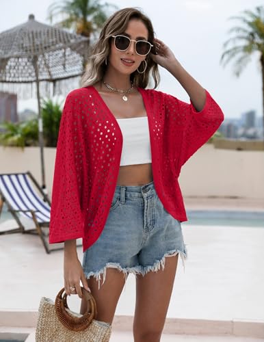 Image of Zeagoo Womens Summer Crochet Cardigan Sweaters 3 /4 Sleeve Batwing Kimono | Lightweight Short Sleeve Knit Tops,2026 Trendy Open Front Outfits,Spring Fashion Cute Clothes,Beach Vacation Boho Cover Ups
