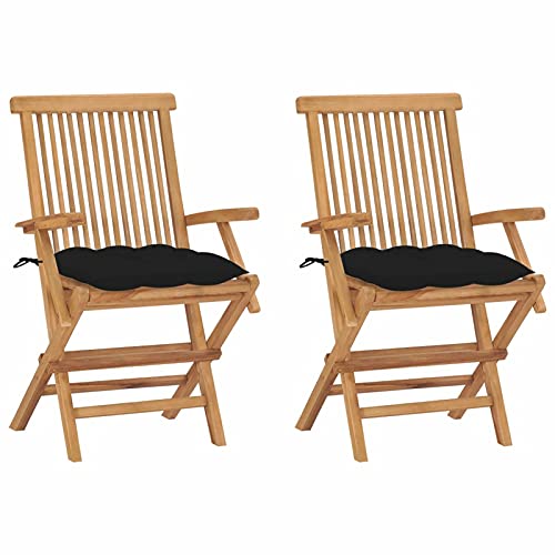 ShGaxin Sillas de jardín 2 uds, Sillas Terraza Exterior, Silla Playa Jardin, Sillas Exterior Jardin, Sillas Balcon, Muebles Jardin Exterior Conjunto, Madera Maciza de Teca con Cojines Negros