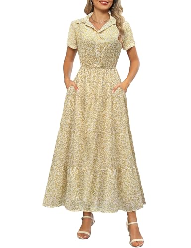 Image of Kranda Women 2026 Summer Collared V Neck Short Sleeve Button Down Chiffon Long Tiered Floral Maxi Dress with Pockets