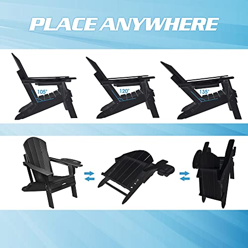 Navine Adjustable Backrest Adirondack Chair,Folding Adirondack Chairs,Plastic Adirondack Chairs With Ottoman With 4 In 1 Cup Holder Trays For Deck, Terrace, Patio, Poolside.（Black） #TOP5