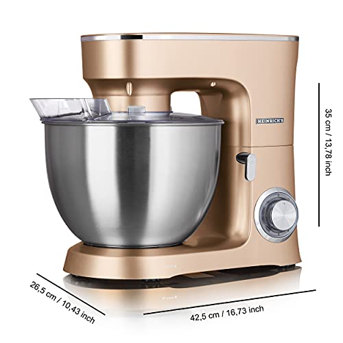 HEINRICHS Küchenmaschine Knetmaschine Teigmaschine Rührmaschine 1500W Küchengerät Rührbesen Knethaken Schneebesen 6 einstellbare Geschwindigkeiten XXL 8L Edelstahlschüssel geräuscharm (Gold) – Bild 4
