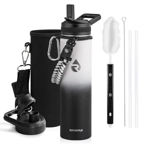 Image of RAYMYLO Insulated Water Bottle 24 oz, Triple Wall Vacuum Stainless Steel (Cold for 24Hrs, Hot for 12Hrs), Leak Proof & Non-BPA, Modern Water Flask Jug with Paracord Handle & Straw Spout Lids