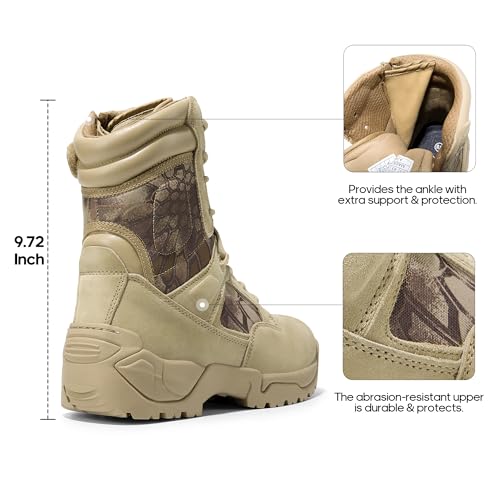 NORTIV 8 Mens Military Tactical Work Boots Hiking Side Zip Leather Outdoor Motorcycle Combat Boots Response,Size 6.5,Camo Sand3