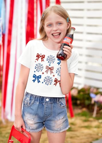 Image of BesserBay Kids Girls 4th of July Crop Tops American Flag Red White Blue Patriotic Bows USA Flag T-Shirts 6-14 Years