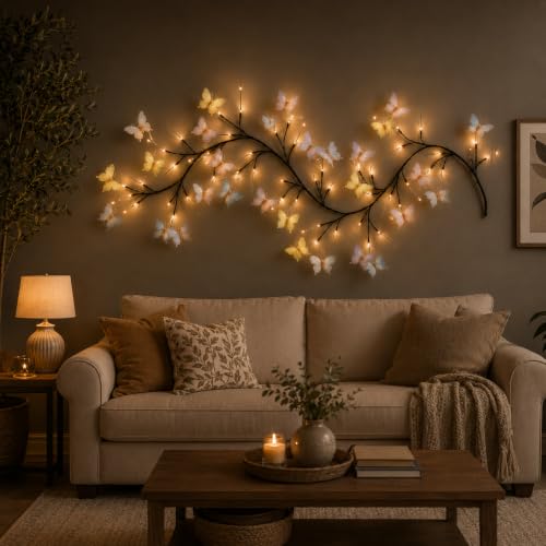 Image of One94Store Butterfly 72 LED's Vine Wall Light | USB Powered Flexible Branch with Warm White Fairy Lights | Remote Control, 8 Lighting Modes & Brightness Control | Wall Decor for Bedroom & Living Room