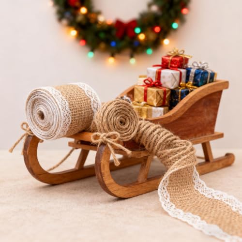 2 Inch Wide Natural Burlap & White Lace Ribbon for Christmas Gift Bows，A - image 4