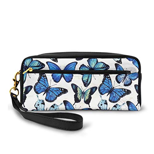 Portable PU Leather Pencil Case - Blue Butterfly Seamless Illustration Cosmetic Makeup Pouch - Fashion School Pencil Holders with Zipper