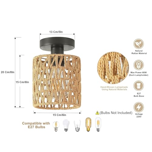 Image of Handwoven Rope Flush Mount Ceiling Light with Metal Frame, Boho Farmhouse Ceiling Lamp, Rustic Jute Hanging Light Fixture for Living Room, Bedroom, Hallway, Balcony, E27 Bulb Holder