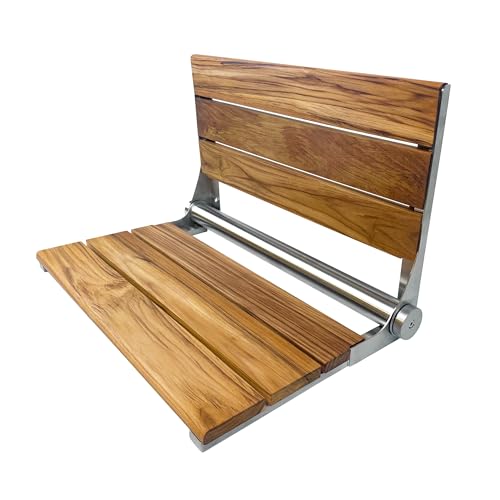 Teak Shower Seat Bench with Back - Wall Mounted Fold Up Shower Seat Waterproof Folding Teak Bath Chair for Seniors 304 Stainless Steel with 300 lbs Capacity - 24 Length Brushed Stainless Finish