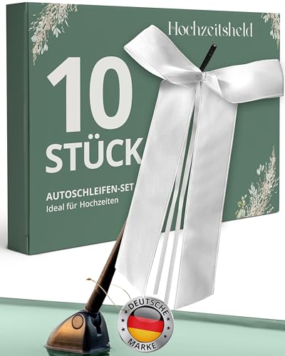 HOCHZEITSHELD Autoschleifen Hochzeit Weiß (10 Stück) – Eleganter Autoschmuck Hochzeit für Brautauto - Hochzeitsdeko Auto für Spiegel, Türgriff & Antenne - Deko Hochzeit für Tisch, Kirche & Standesamt